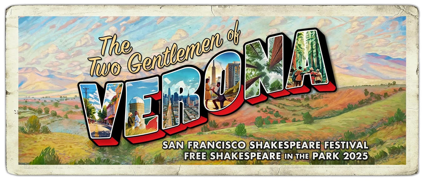 Title treatment for The Two Gentlemen of Verona. Postcard style script against a sky with swirling clouds and pastoral horizo
