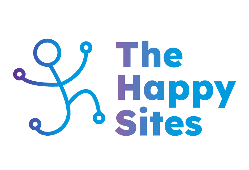 The Happy Sites Logo in purple and blue with a line drawing.