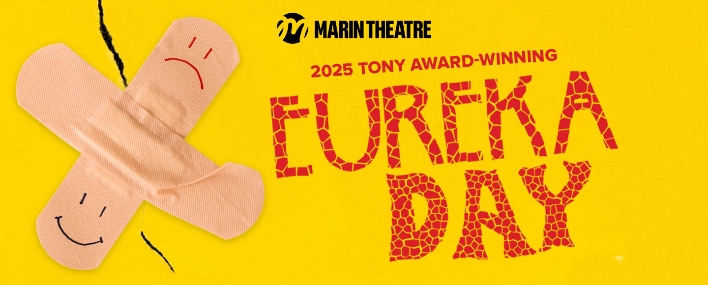 A bright yellow image with two bandaids overlapping that have a smiley face and frowny face drawn on them. Features red words