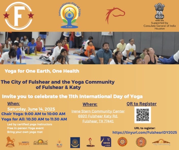 Flyer for the 11th International Day of Yoga celebration hosted by the City of Fulshear and the Yoga Community of Fulshear