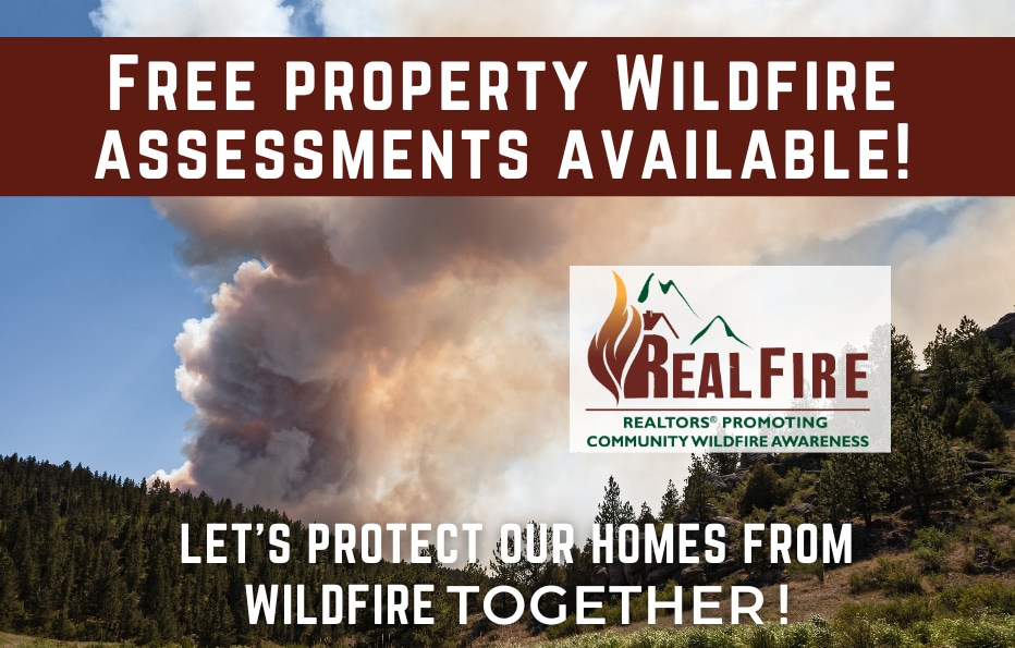 Image of wildfire smoke with REALFire logo on foreground. Text: Free property wildfire assessments.