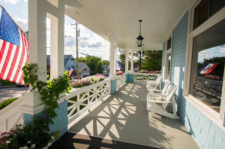 Front porch of The Rangeley Inn