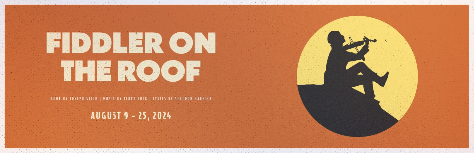 Orange background with drawing of a man sitting on a roof, playing a fiddle.