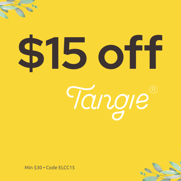 Bright yellow promo graphic with leafy corners that reads “$15 off” above the Tangie logo, plus small print: Min $30- ELCC15