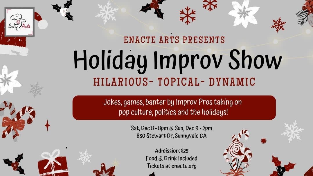 Several different holiday themed symbols like candy canes, gifts and snowflakes along with our Improv Show header describing