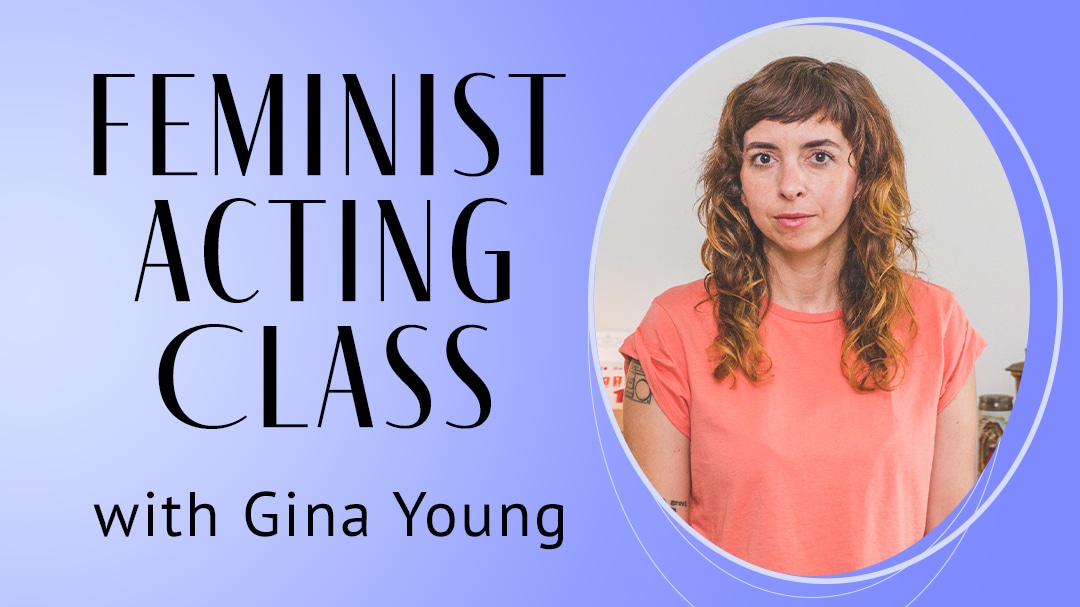 Headshot of Gina Young against a purple background. Text reads "Feminist Acting Class with Gina Young"