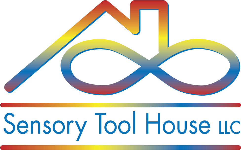 Rainbow gradient logo of a house and infinity sign with Sensory Tool House LLC below it.