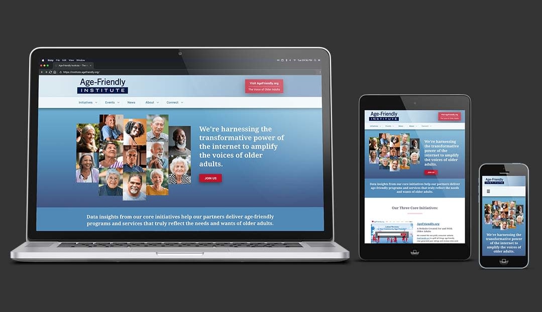 Web design for Age-Friendly Institute a non-profit located in Waltham, MA. Laptop, tablet and phone views.