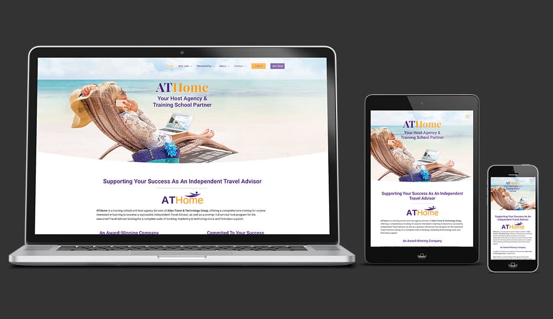 Web design for Atlas Travel's ATHome Host Travel Agency and Training School. Located in Marlborough, MA. Laptop, tablet and p