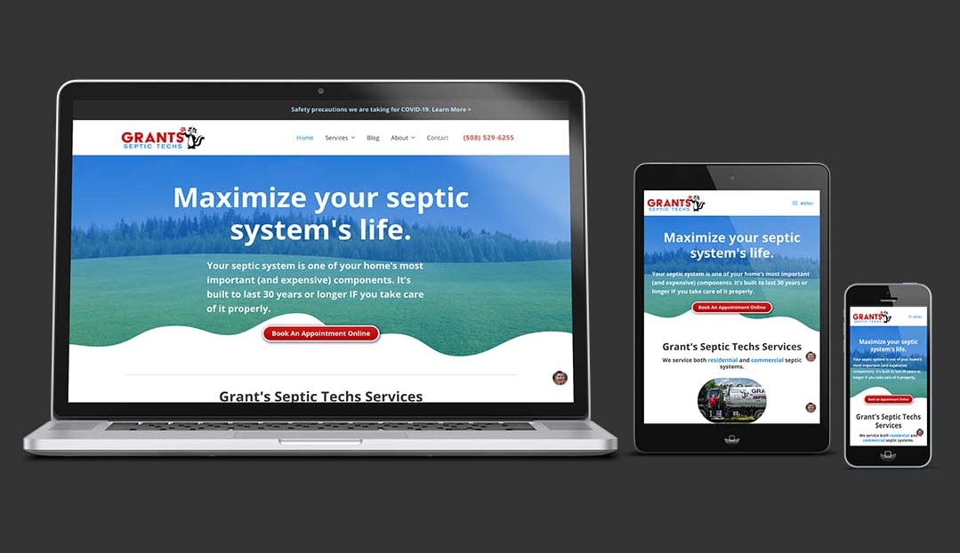 Web design for Grant's Septic Techs septic maintenance company. Located in Upton, MA. Laptop, tablet and phone views.