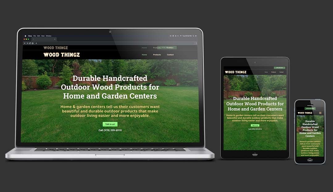 Web design for Wood Thingz outdoor wood products company. Located in Westford, MA. Laptop, tablet and phone views.