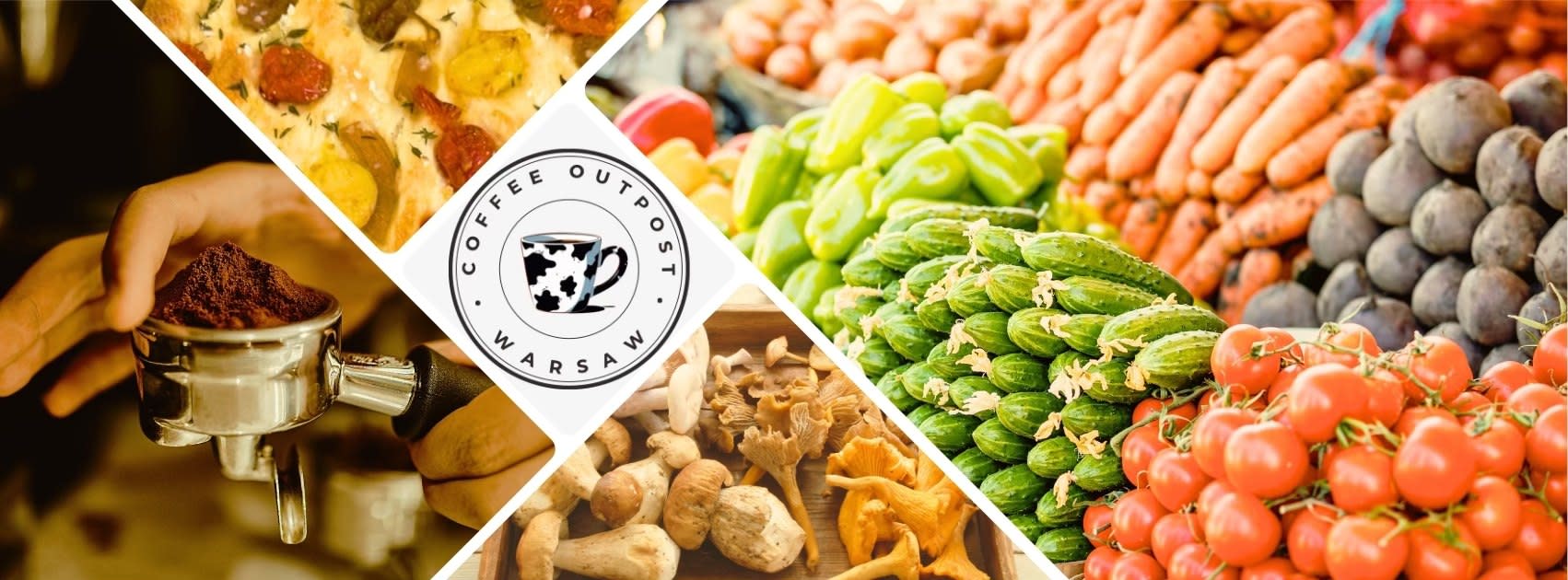 fresh fruits and vegetables, coffee and logo