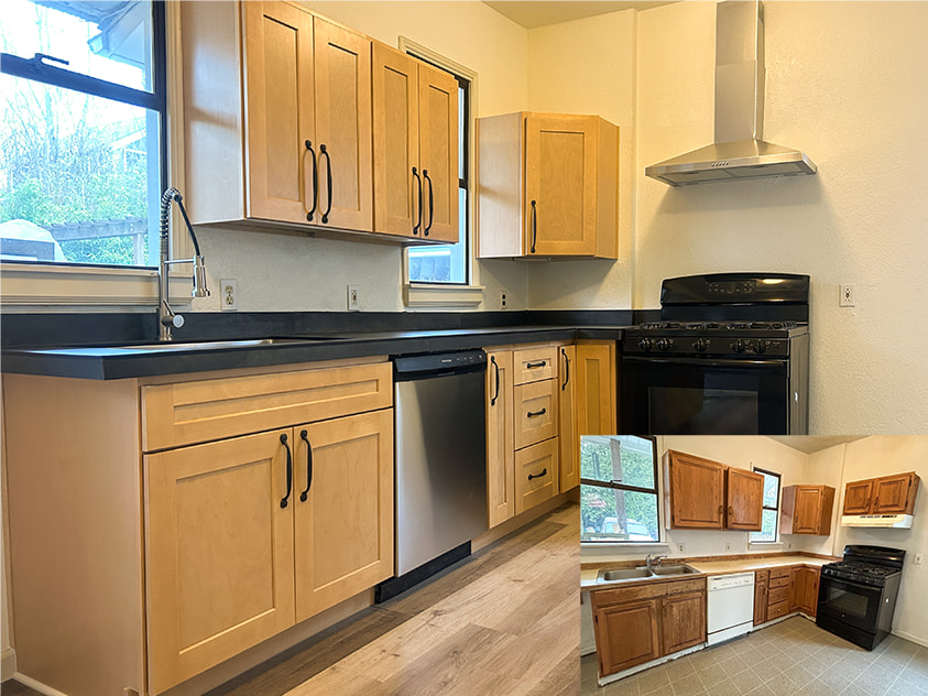 A before and after image of a small kitchen with wooden cabinets