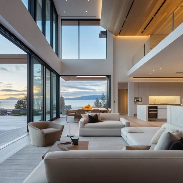 Open-concept luxury living room with ocean views, full-height glazing, and modern coastal interiors designed by Serac Studios