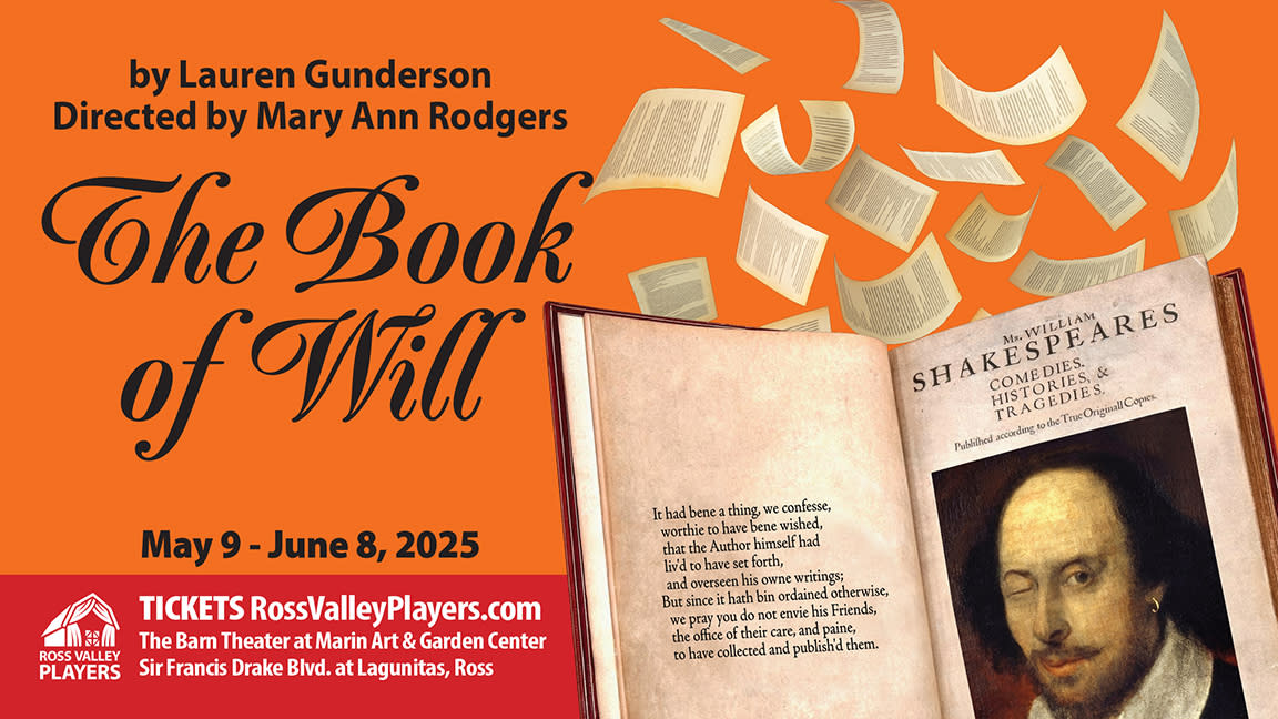 The First Folio with Shakespeare winking