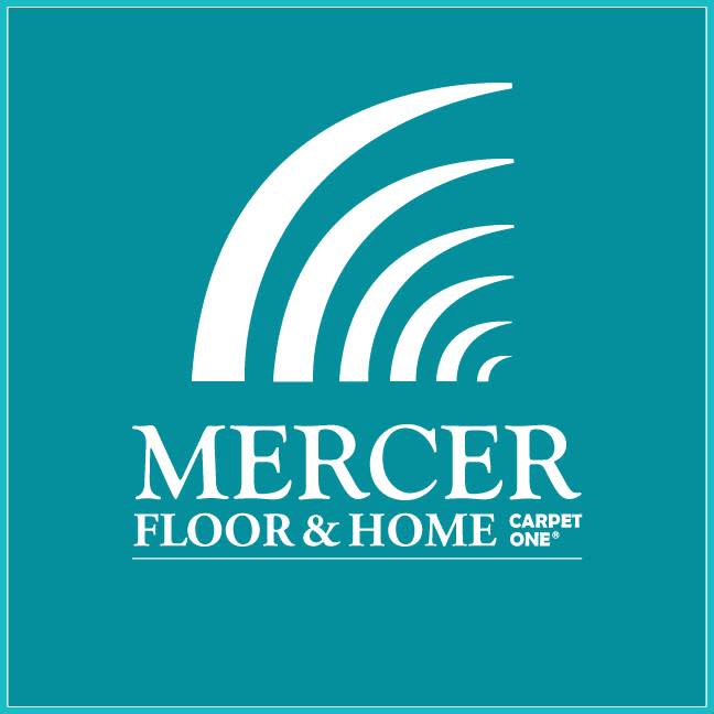 white mercer floor and home logo on teal background