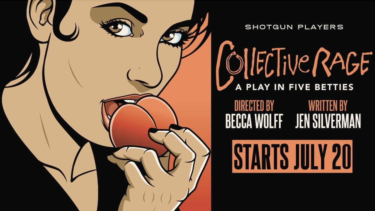 A woman with seductive brown eyes bites a peach.