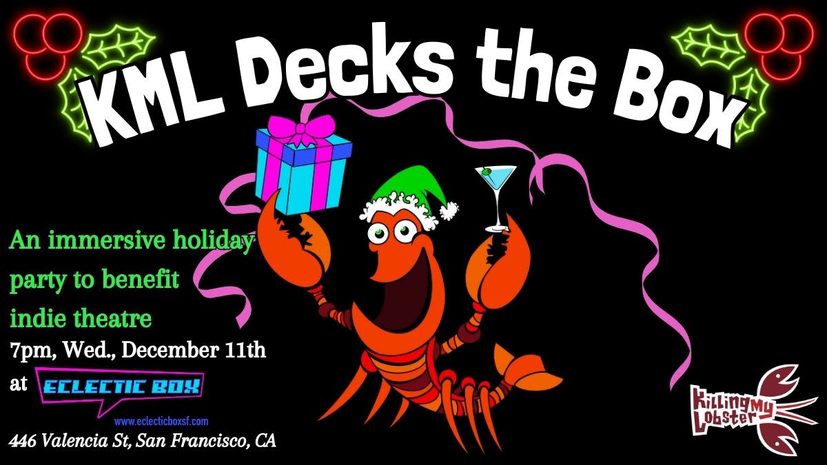 A Lobster with a Santa hat, a martini glass, and a neon pink-and-blue wrapped gift, festooned with pink ribbon.