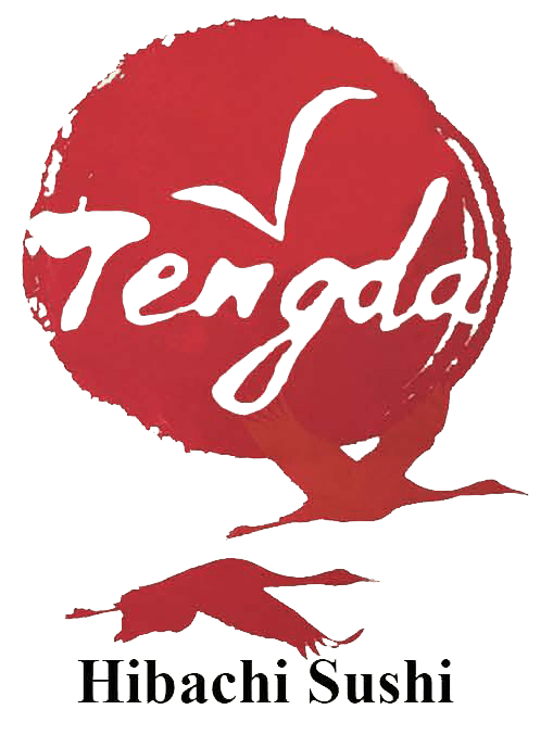 Tengda, red tree with logo, red crane flying under tree, Tengda Hibachi Sushi