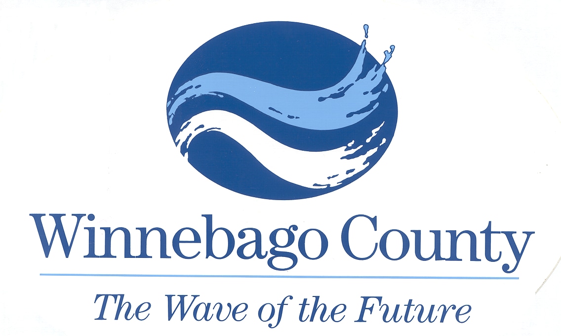 Winnebago County, WI logo, a dark blue oval behind a light blue and a white wave with Winnebago County Wave of the Future