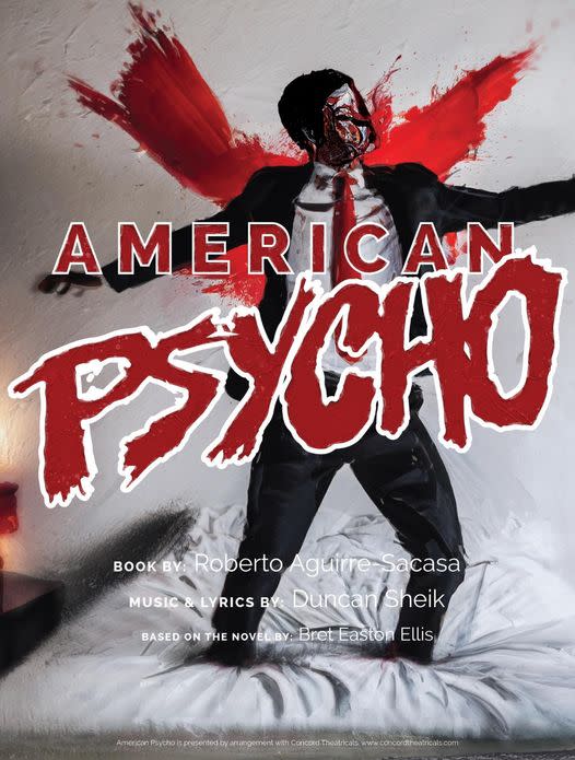 A faceless business man wearing a suit, dancing on a white bed. The title reads "American Psycho".