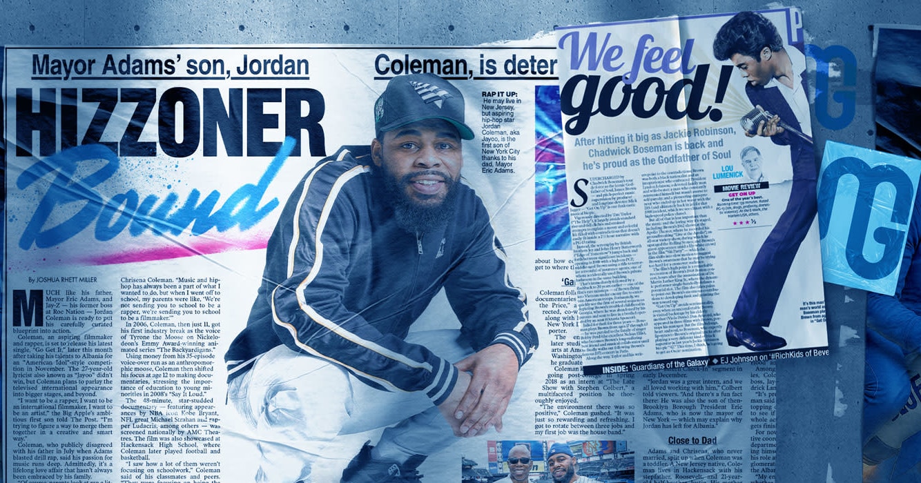 Collage-style graphic showcasing Mike G. Graphic Design’s work, featuring bold newspaper spreads, portraits, and iconic visua