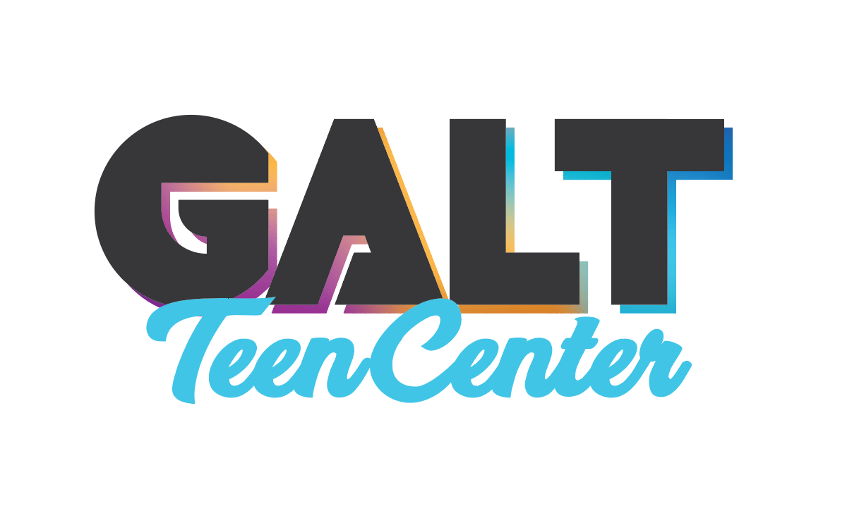 GALT (in black, all upper case w/colored shadowing) Teen Center (in light blue) logo