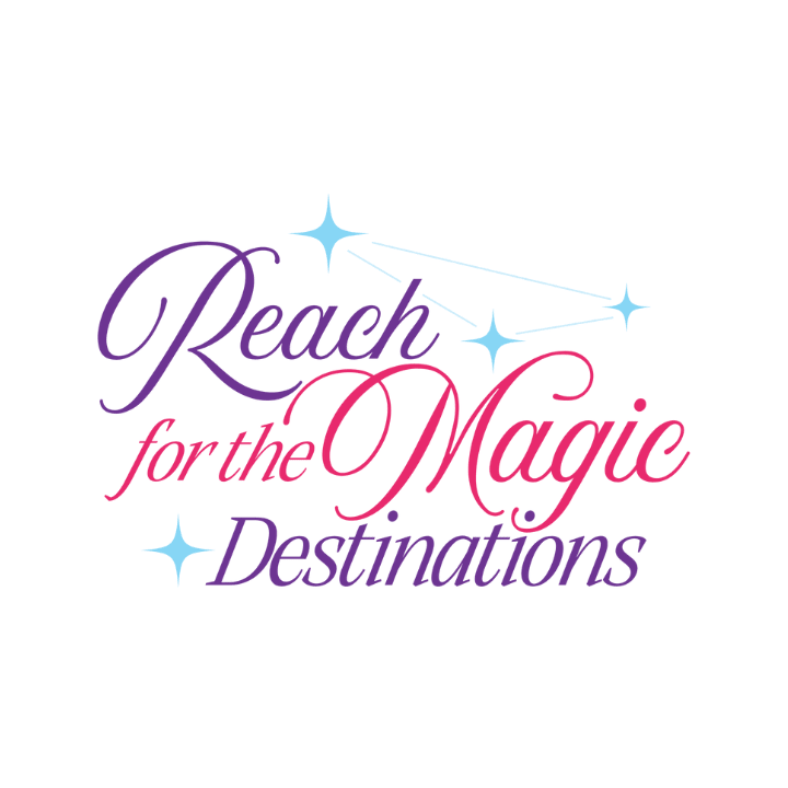 Logo for Reach for the Magic Destinations, featuring elegant script in purple, pink, and violet, with sparkling blue stars an
