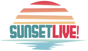 SunsetLIVE! text over yellow and orange graphic of a sunset