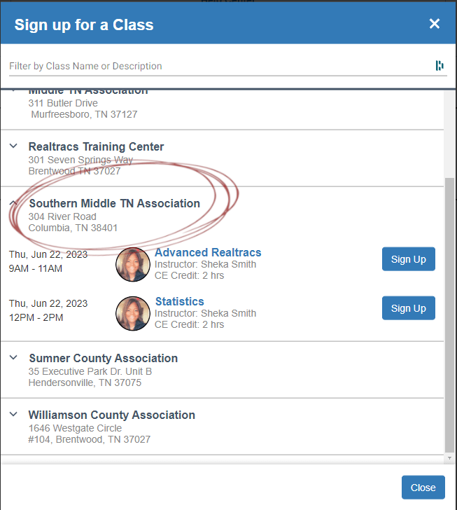 Sign Up for a Class Dialogue Window at RealTracs