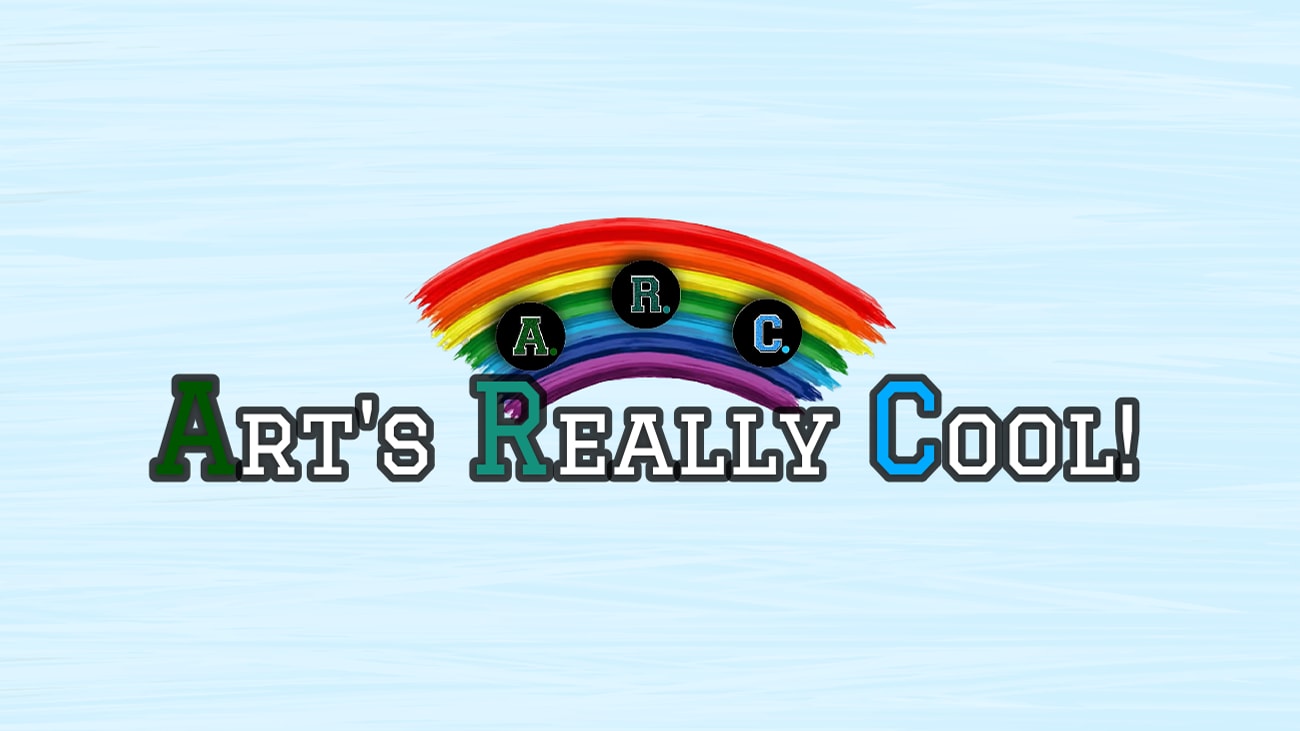 Rainbow with the letters A R C in circles on it and then the words Art's Really Cool! over it.