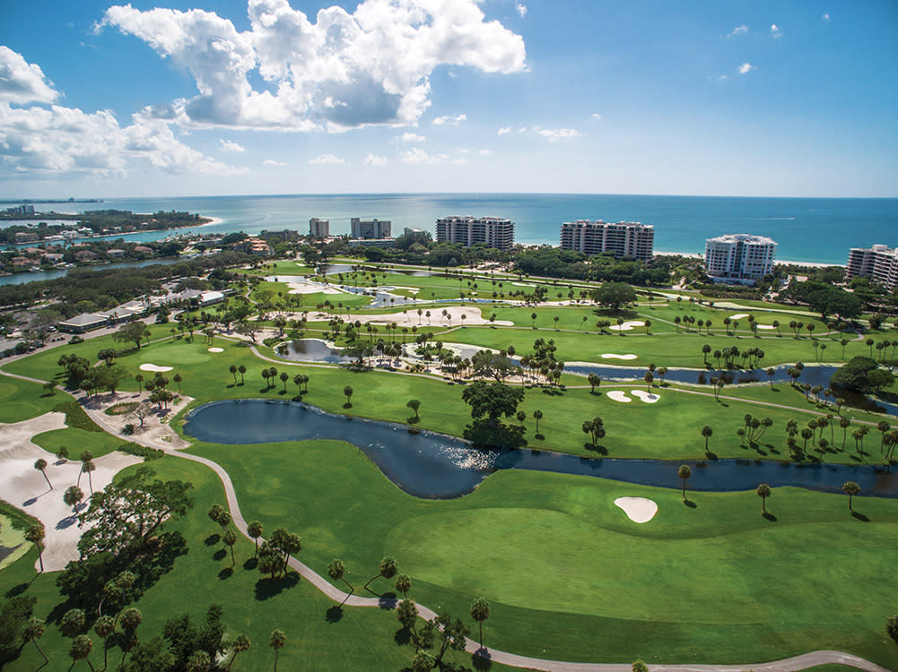 Aerial of Links on Longboat golf course overlooking the Gulf of Mexico on a sunny day
