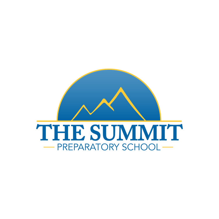 Yellow mountains set upon a round, blue background with the text "The Summit Preparatory School" beneath