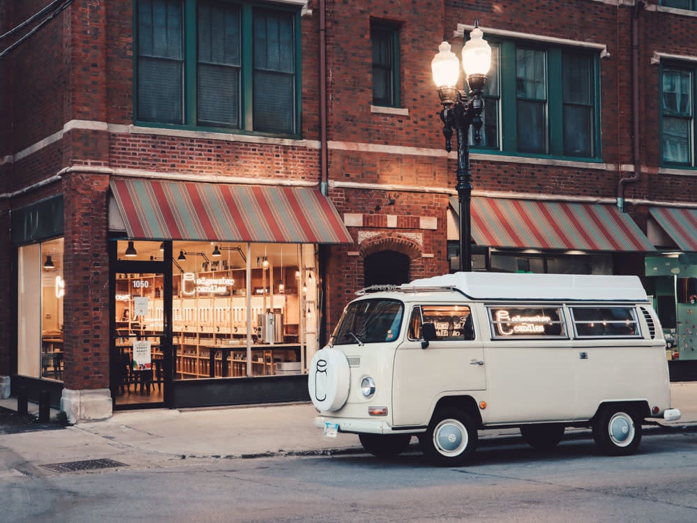 Edgewater Candles Storefront with 1969 VW bus parked out front