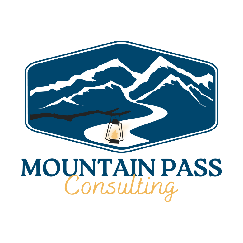 mountains in blue with a white path. On the path is a lantern on a stick. Under the Logo are the words Mountain Pass Consulti
