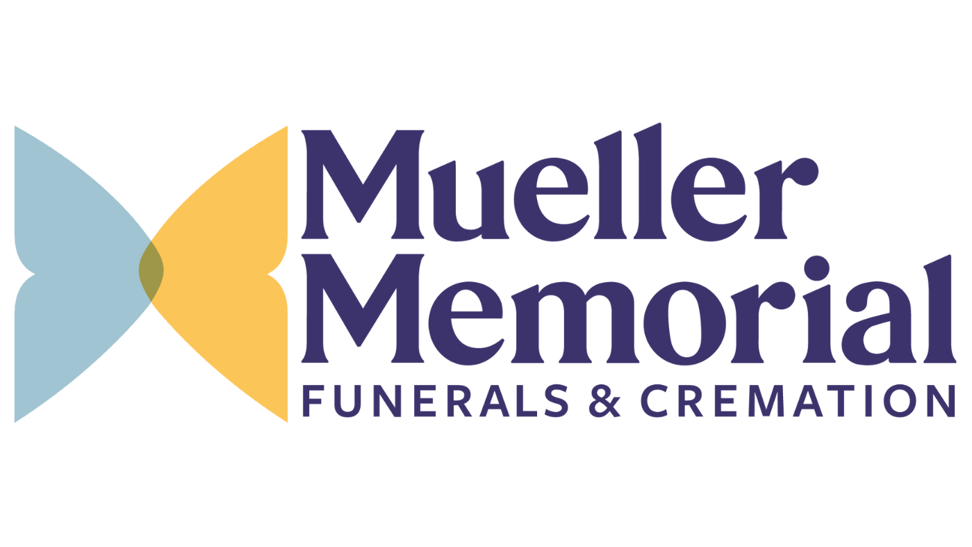 Mueller Memorial funeral and cremation logo with blue and yellow vector image butterfly