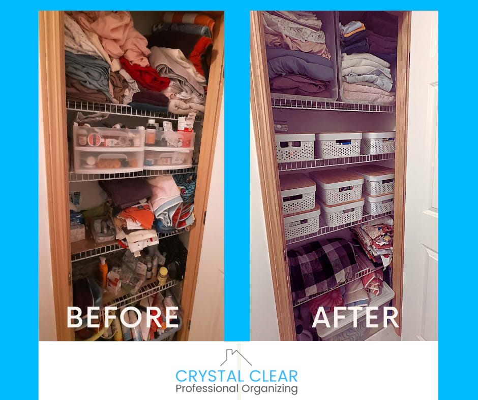Laundry linen cluttered closet before and after transformation
