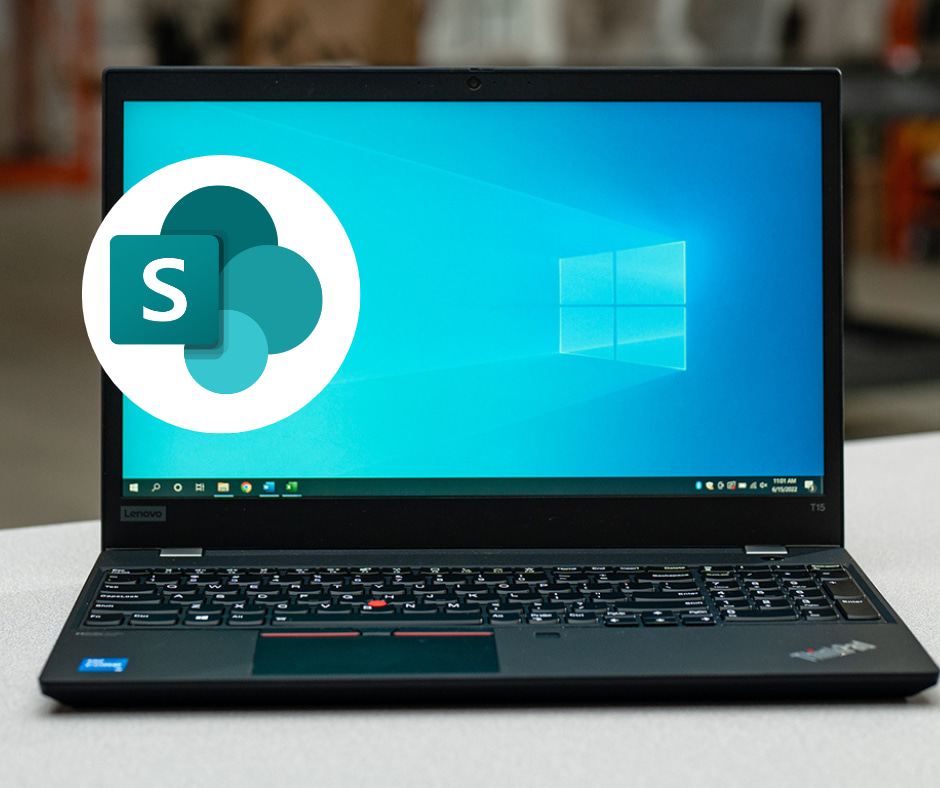 a white circle with the Microsoft GCC High / SharePoint logo overlaid on a laptop screen with the windows default backdrop