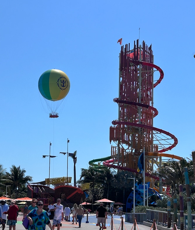 View of hot air balloon and a large waterslide tower