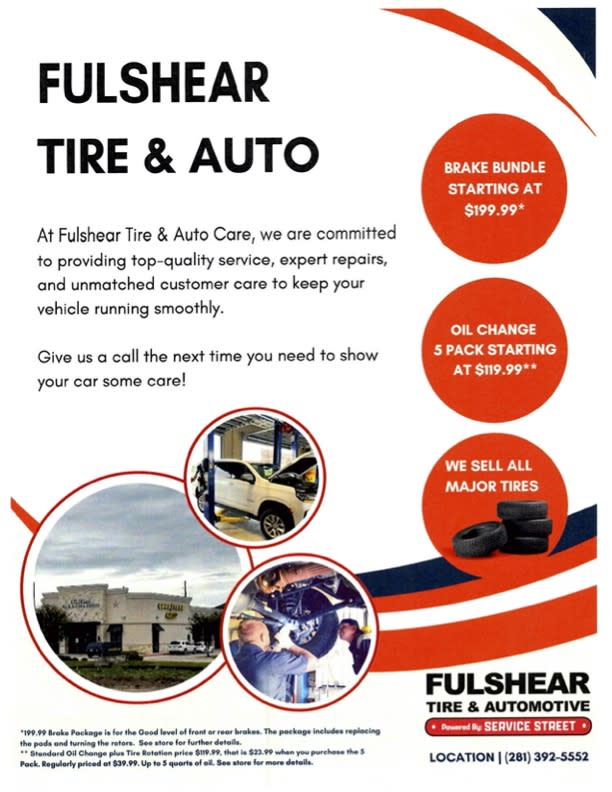 Promotional flyer for Fulshear Tire & Auto, featuring service offers