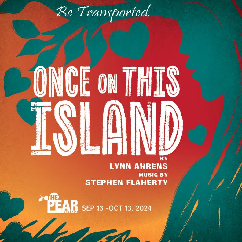 Tree woman juxtaposed with title 'Once On This Island', playing September 13th through October 13th. Learn more and get ticke