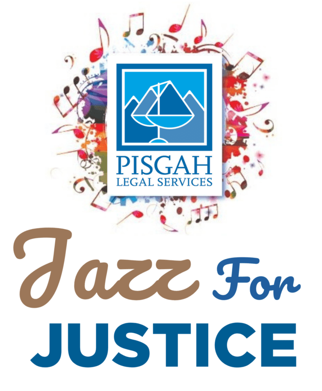 Pisgah Legal Services Logo of balanced scales with words Jazz for Justice below