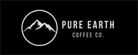 black box with white text "Pure Earth Coffee Co" with a circle and silhouette of a mountain.