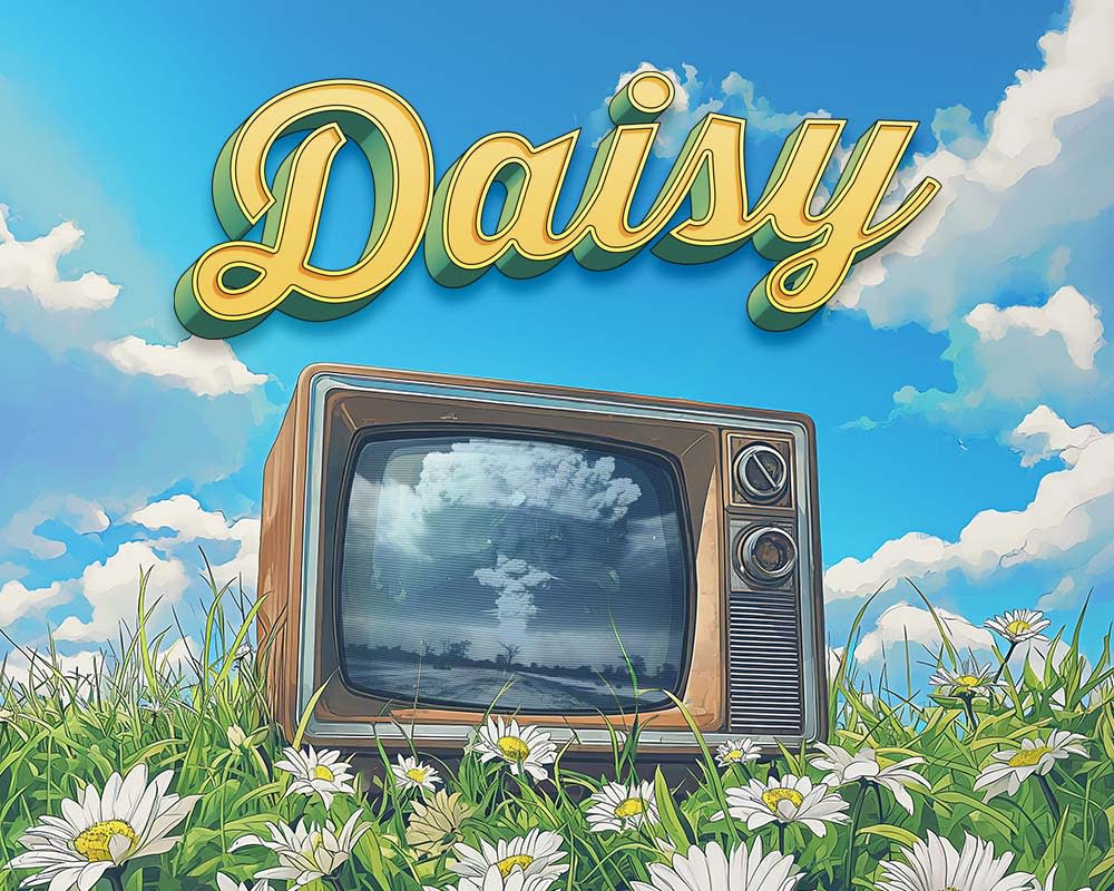 A retro television sitting is a field of daisy with a whimsical title treatment of the title, Daisy (yellow with black outlin