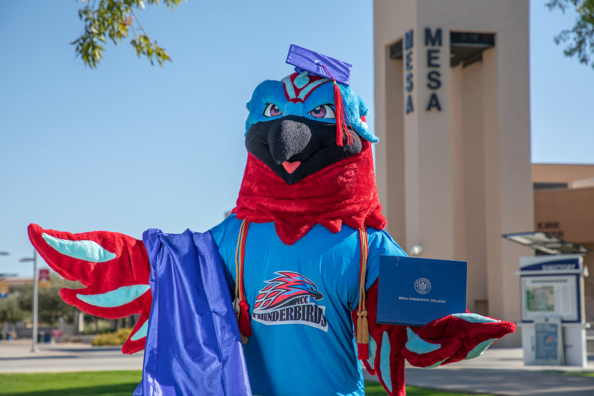 Thor, the MCC Thunderbird mascot-a light blue and red bird, wearing a mortarboard cap holding a diploma cover with a graduati