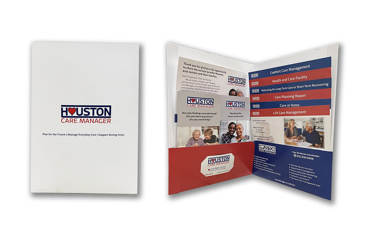 Branded presentation folders with stairstep inserts by Page by Page Graphic Design, LLC