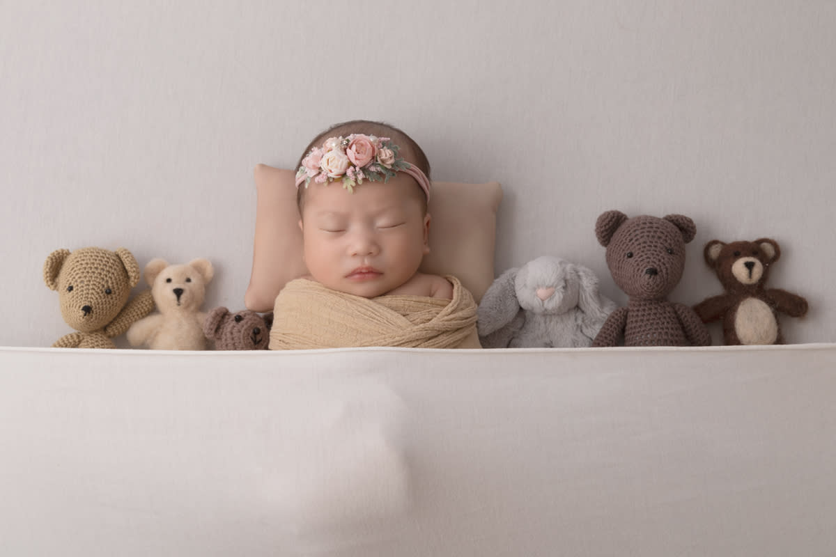 Newborn Girl Tucked In With Stuffies