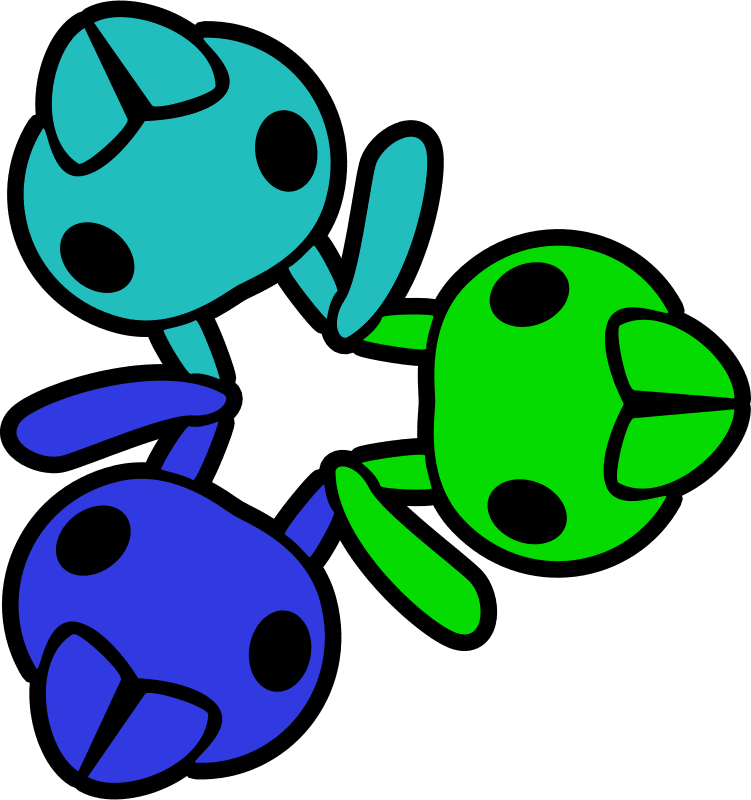 logo of 3 ant heads, teal, blue, and green