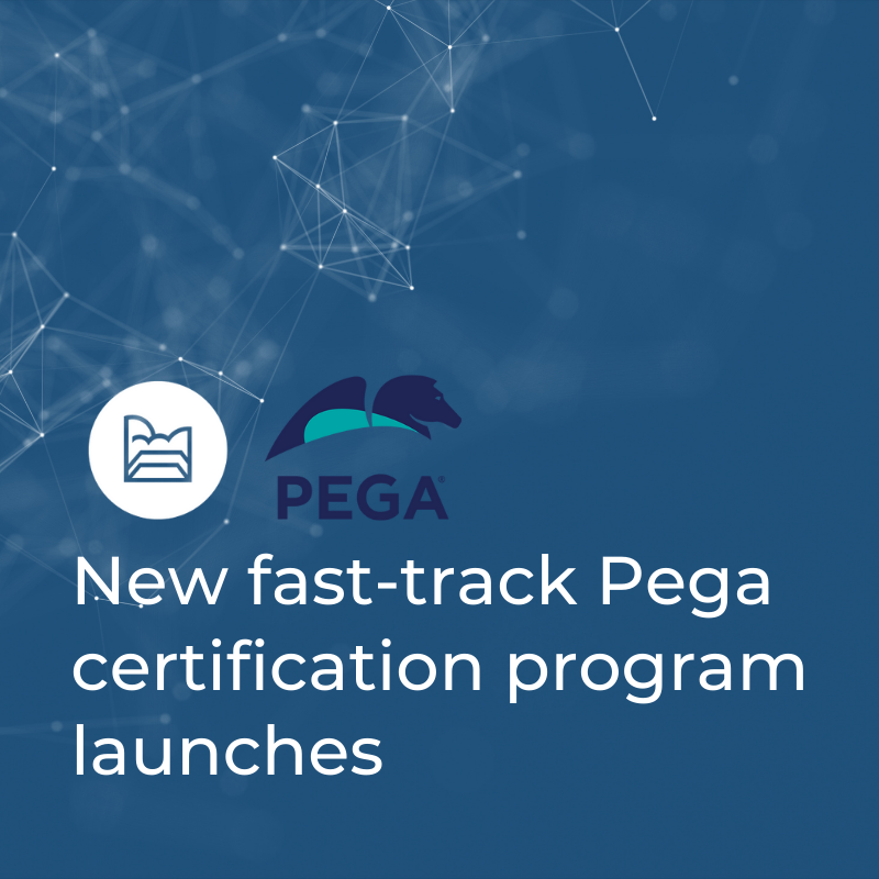 Mesa Community College and PEGA logos on a blue background, states "New fast-track Pega certification program launches"