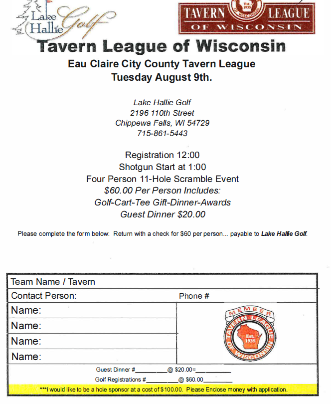 Eau Claire City County Golf Outing Tavern League of Wisconsin